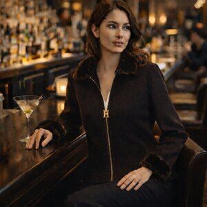 VTG Joseph Ribkoff Brown Sweater Jacket Fur Trim Full Zip Stretch Knit Size 12